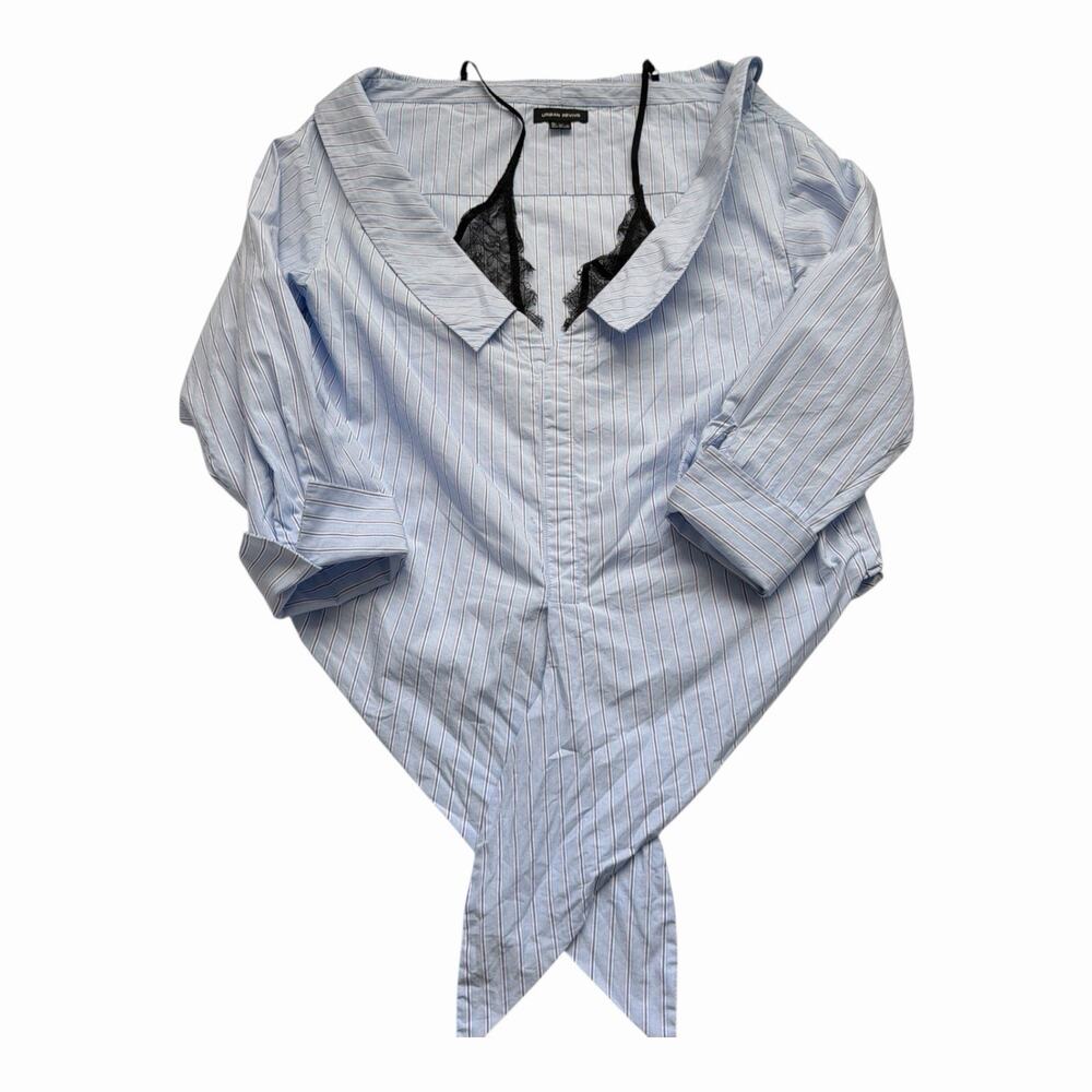 Urban Revivo Layered Shirt Size 10 Blue Pinstripe Black Lace Detail Off Shoulder - Picture 9 of 11